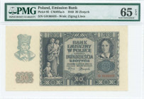 POLAND: 20 Zlotych (1.3.1940) in gray-blue on blue and red unpt with man in cap on wmk area at left, female statue with two children at left center an...