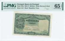 PORTUGAL: 500 Reis (ND 1917 / old date 27.12.1904) in black on green unpt with black ovpt "REPUBLICA" over crowned Arms at top center. WMK: Mercury. I...