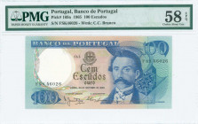 PORTUGAL: 100 Escudos (30.11.1965) in blue on light tan and multicolor unpt with Camilo Castello Branco at right. S/N: "FSK 46026". WMK: Camilo Castel...
