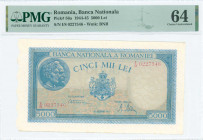ROMANIA: 5000 Lei (20.12.1945) in light blue with two male heads of Trajan and Decebal at upper left and Arms at center. S/N: "I/8 0227546". WMK: Vert...