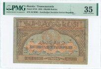 RUSSIA / TRANSCAUCASIA (AZERBAIJAN): 250000 Rubles (1922) in brown on blue unpt. S/N: "AI 0240". Inside holder by PMG "Choice Very Fine 35 / Stains". ...