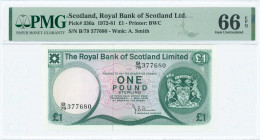SCOTLAND: 1 Pound (1.5.1979) by the Royal Bank of Scotland Limited in dark green on multicolor unpt with Arms at right. S/N: "B/79 377680". WMK: A Smi...