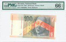 SLOVAKIA: 100 Korun (10.10.2001) in red and black on orange and multicolor unpt with Madonna at right. S/N: "U 40803060". WMK: Madonna. Printed by (T)...
