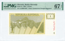 SLOVENIA: 1 Tolar (1990) in dark olive-green on light gray and light olive-green unpt with Triglav mountain peak at center left. S/N: "AA 90657697". W...