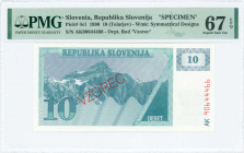 SLOVENIA: Specimen of 10 Tolarjev (1990) in dark blue-green and grayish purple on light blue-green unpt with Triglav mountain peak at center left. S/N...