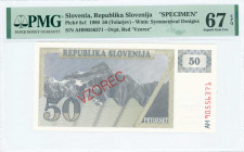 SLOVENIA: Specimen of 50 Tolarjev (1990) in dark gray on tan and light gray unpt with Triglav mountain peak at center left. S/N: "AH 90556371". Red di...