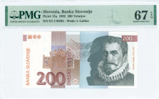 SLOVENIA: 200 Tolarjev (15.1.1992) in black, violet-brown and brown-orange on multicolor unpt with Iacobus Gallus at right. S/N: "EC 110202". WMK: Gal...