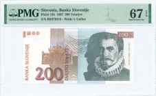 SLOVENIA: 200 Tolarjev (8.10.1997) in black, violet-brown and brown-orange on multicolor unpt with Iacobus Gallus at right. S/N: "RB 376318". WMK: Gal...