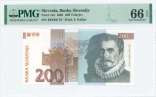 SLOVENIA: 200 Tolarjev (15.1.2001) in black, violet-brown and brown-orange on multicolor unpt with Iacobus Gallus at right. S/N: "RE 618118". WMK: Gal...