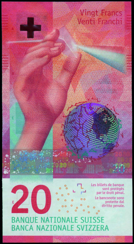 SWITZERLAND: 2x 20 Franken (2016) in red with a hand holding prism. Consecutive ...