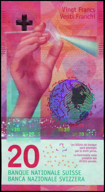 SWITZERLAND: 20 Franken (2016) in red with a hand holding prism. S/N: "16H 71907...