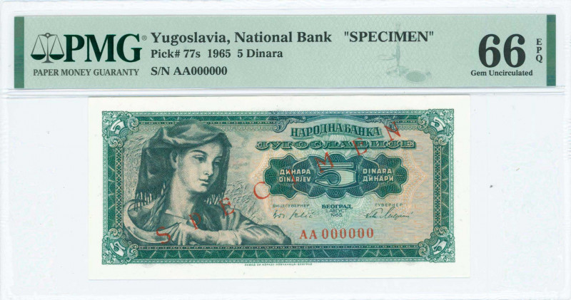 YUGOSLAVIA: Specimen of 5 Dinara (1.8.1965) in dark green on multicolor unpt wit...