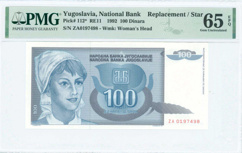 YUGOSLAVIA: Replacement of 100 Dinara (1992) in pale blue and purple with young ...