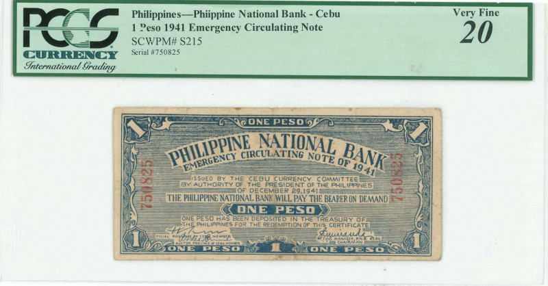 PHILIPPINES: 1 Peso (1941) by Philippine National Bank - Cebu in blue. S/N: "750...