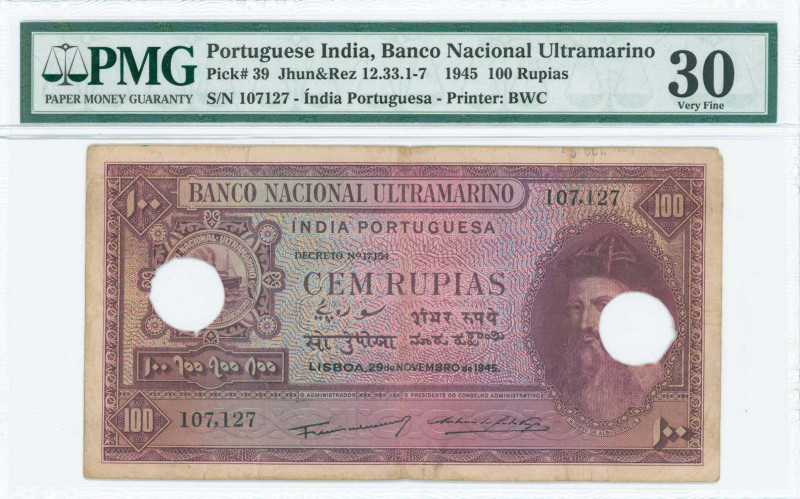 PORTUGUESE INDIA: 100 Rupias (29.11.1945) in purple and multicolor with portrait...