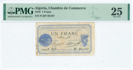 ALGERIA: 1 Franc (Deliberation du 25.6.1919) by Chambre du Commerce in blue with seal at left and Arms at right. S/N: "P.267 02167". Inside holder by ...
