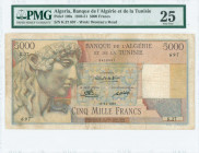 ALGERIA: 5000 Francs (18.11.1949) in multicolor with Pythian Apollo at left. S/N: "K.27 697". WMK: Woman head. Inside holder by PMG "Very Fine 25". (P...