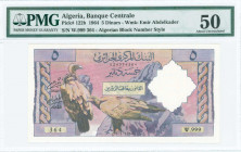 ALGERIA: 5 Dinars (1.1.1964) in purple and lilac with Griffon vulture and tawny eagle perched on rocks at left center. S/N: "W.999 364". WMK: Abd al-Q...