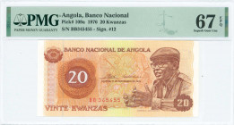 ANGOLA: 20 Kwanzas (11.11.1976) in brown, green and orange with Antonio Agostinho Neto at right. S/N: "BB 345455". WMK: Pattern. Inside holder by PMG ...