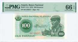 ANGOLA: 100 Kwanzas (11.11.1976) in green on multicolor unpt with Antonio Agostinho Neto at right. S/N: "BA 105017". WMK: Pattern. Inside holder by PM...