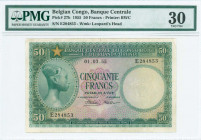 BELGIAN CONGO: 50 Francs (1.3.1955) in green on multicolor unpt with portrait of a woman at left. S/N: "E 284853". WMK: Leopard head. Printed by BWC. ...