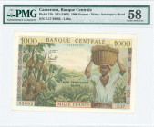 CAMEROUN: 1000 Francs (ND 1962) in multicolor with man carrying a basket at right and denominations in French and English. S/N: "Z.17 92002". Lithogra...