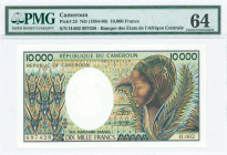 CAMEROON: 10000 Francs (ND 1984) in multicolor with stylized antelope heads at left and woman at right. S/N: "H.002 697428". WMK: Woman head. Signatur...