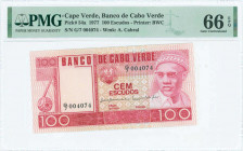 CAPE VERDE: 100 Escudos (20.1.1977) in red and multicolor with Amilcar Cabral with native hat at right. S/N: "G/7 004074". WMK: Cabral. Printed by BWC...