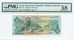 CONGO / DEMOCRATIC REPUBLIC: 50 Francs (1.3.1962) in green with lion at left. S/N: "A/14 402906". Inside holder by PMG "Choice About Unc 58". (Pick 5a...