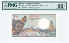 DJIBOUTI: 500 Francs (ND 1979) in multicolor with man at left and rocks in sea at right. S/N: "U.1 79449". Without signature. WMK: Arms. Printed by (B...