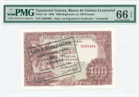 EQUATORIAL GUINEA: 1000 Bipkwele on 100 Pesetas (21.10.1980 / old date 12.10.1969) in red-brown on light tan unpt with banana tree at left. S/N: "5699...
