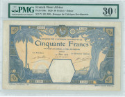 FRENCH WEST AFRICA: 50 Francs (14.3.1929) in blue and yellow by Banque De L Afrique Occidentale with head of elephant head and tree at left and right....