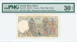 FRENCH WEST AFRICA: 5 Francs (29.6.1949) in multicolor with two women, one in finery, the other with jug. S/N: "D.91 41901". WMK: Old man head. Printe...