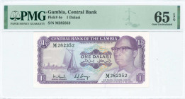 GAMBIA: 1 Dalasi (ND 1971-87) in purple on multicolor unpt with sailboat at left and President Dawda Kairaba Jawara at right. S/N: "M 282352". WMK: Cr...