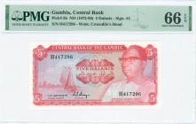 GAMBIA: 5 Dalasis (ND 1972-86) in red on multicolor unpt with sailboat at left and President Dawda Kairaba Jawara at right. S/N: "H 417296". WMK: Croc...