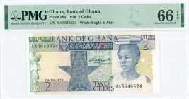 GHANA: 2 Cedis (7.2.1979) in blue and multicolor with young girl with books on head at right. S/N: "AA 5646624". WMK: Eagle head and star. Printed by ...