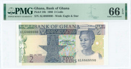 GHANA: 2 Cedis (2.1.1979) in blue and multicolor with young girl with books on head at right. S/N: "AL 6868880". WMK: Eagle head and star. Printed by ...