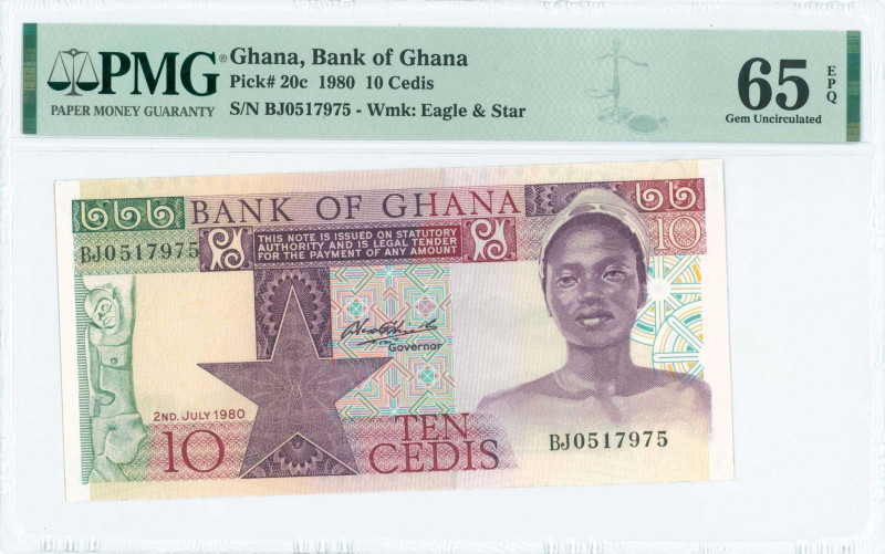 GHANA: 10 Cedis (2.7.1980) in purple, green and multicolor with young woman at r...