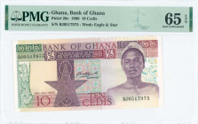GHANA: 10 Cedis (2.7.1980) in purple, green and multicolor with young woman at right. S/N: "BJ 0517975". WMK: Eagle head above star. Inside holder by ...