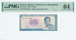 GUINEA: 5 Sylis (1980) in blue on pink unpt with President Kwame Nkrumah at right. S/N: "FW 167246". WMK: Stars and torch. Inside holder by PMG "Choic...