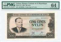 GUINEA: 500 Sylis (1980) in dark brown on multicolor unpt with President Josip Broz Tito of Yugoslavia at left. S/N: "AH 730969". WMK: Stars and Torch...