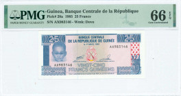 GUINEA: 25 Francs (1985) in blue on multicolor unpt with young boy at left and Arms at center. S/N: "AX 983146". WMK: Dove. Printed by (TDLR). Inside ...