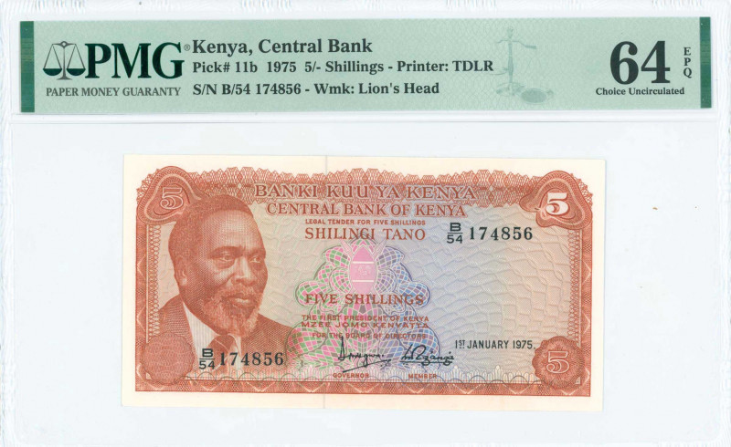 KENYA: 5 Shillings (1.1.1975) in brown-orange on multicolor unpt with Mzee Jomo ...