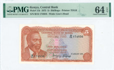 KENYA: 5 Shillings (1.1.1975) in brown-orange on multicolor unpt with Mzee Jomo Kenyatta at left. S/N: "B/54 174856". WMK: Lion head. Printed by (TDLR...
