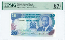 KENYA: 20 Shillings (1.1.1981) in blue on multicolor unpt with President Daniel Toroitich Arap Moi at right. S/N: "D/5 243641". WMK: Lion head. Printe...
