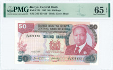 KENYA: 50 Shillings (1.7.1981) in dark red and multicolor with President Daniel Toroitich Arap Moi at right. S/N: "D/79 321423". WMK: Lion head. Print...