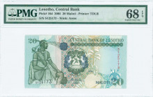 LESOTHO: 20 Maloti (2005) in deep olive-green and blue-black on multicolor unpt with seated King Moshoeshoe I at left. S/N: "S125173". WMK: Arms. Prin...