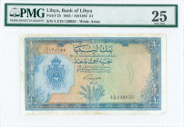 LIBYA: 1 Pound (Law 1963 / AH1382) in blue on multicolor unpt with crowned Arms at left. S/N: "4 C/18 130655". WMK: Arms. Inside holder by PMG "Very F...