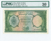 LIBYA: 5 Pounds (Law 1963 / AH1382) in green on multicolor unpt with crowned Arms at left. S/N: "4 B/6 348055". WMK: Arms. Inside holder by PMG "Very ...
