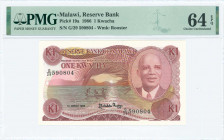 MALAWI: 1 Kwacha (1.3.1986) in red-brown on multicolor unpt with portrait of President Dr Hastings Kamuzu Banda at right. S/N: "G/29 590804". WMK: Roo...